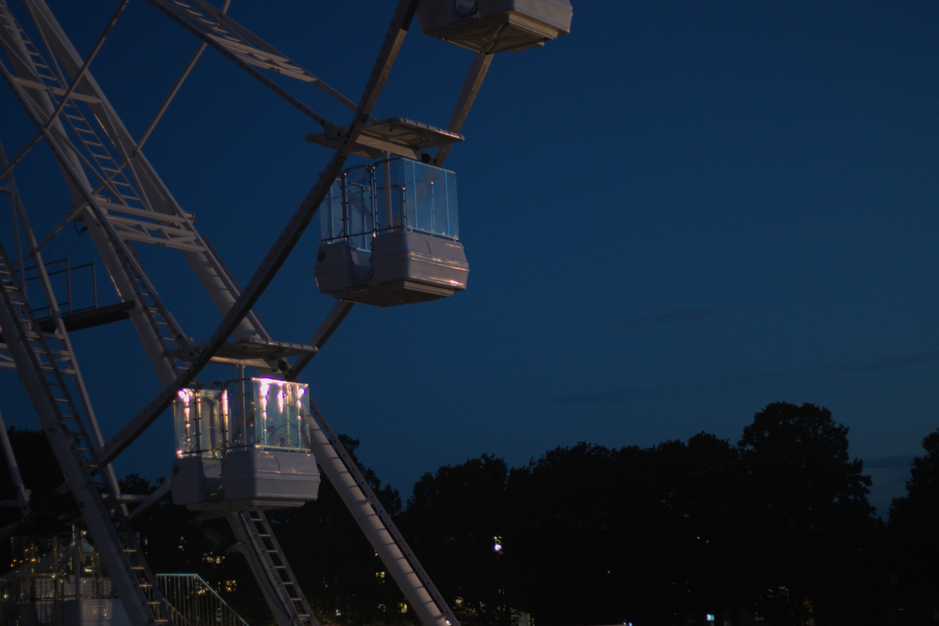 A ferris wheel glints in the sunset against a dark sky and trees