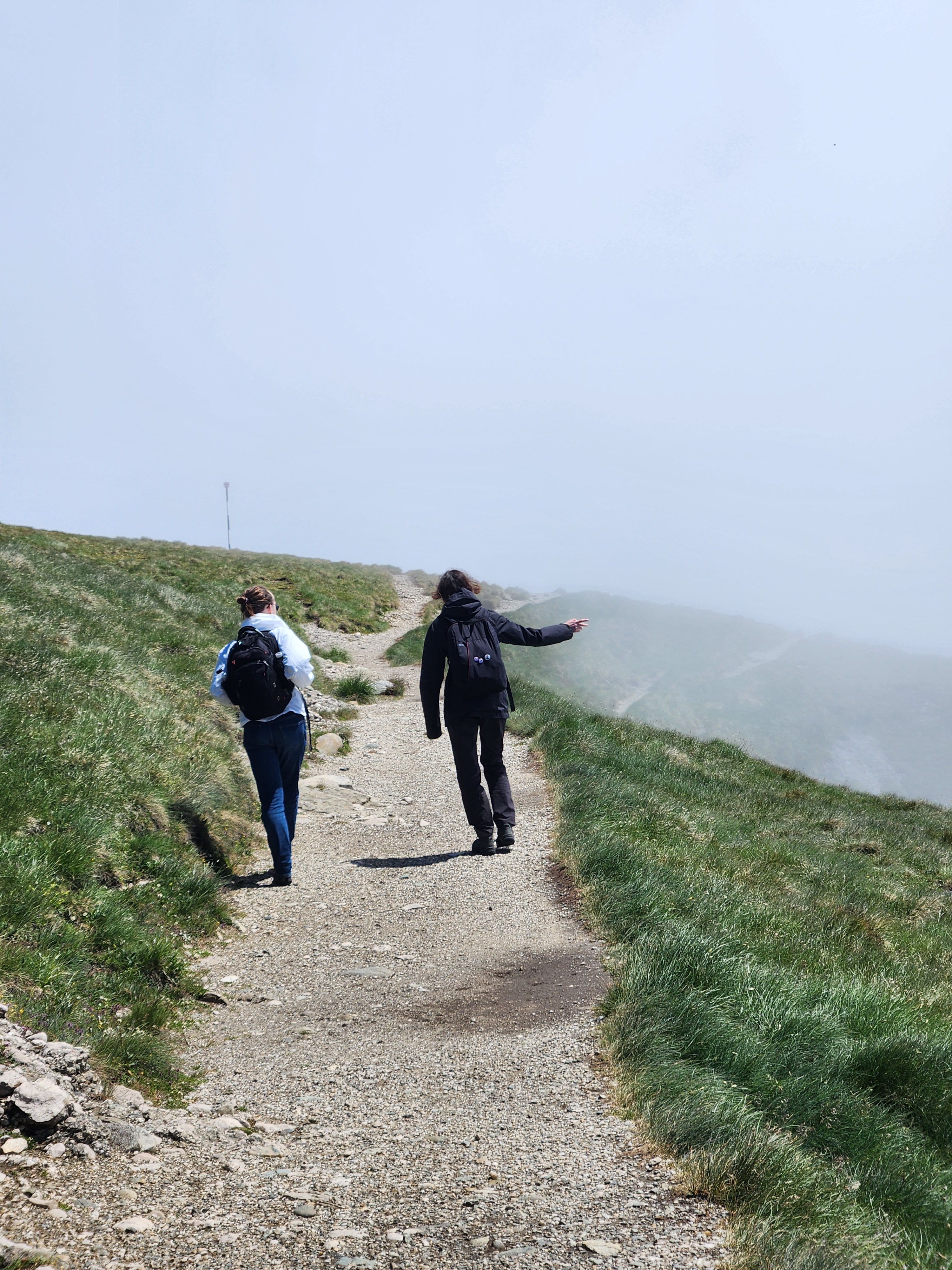 Heavily slanted photo of a grassy mountain trail with two figures walking away, one has a hand out gesturing to the fog obscuring the drop off to their right
