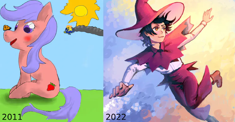 On the left, a childish drawing of a My Little Pony. On the right, a less childish drawing of a witch falling through the sky.