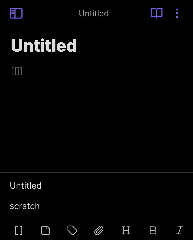 A screenshot of a text editor on a phone, saying 'Untitled' in large bold font at the top. At the bottom is a bar with buttons allowing you to do things such as add links, tags, headings and bold text. Above the bar is a menu with a choice of two files available to link, named Untitled and Scratch