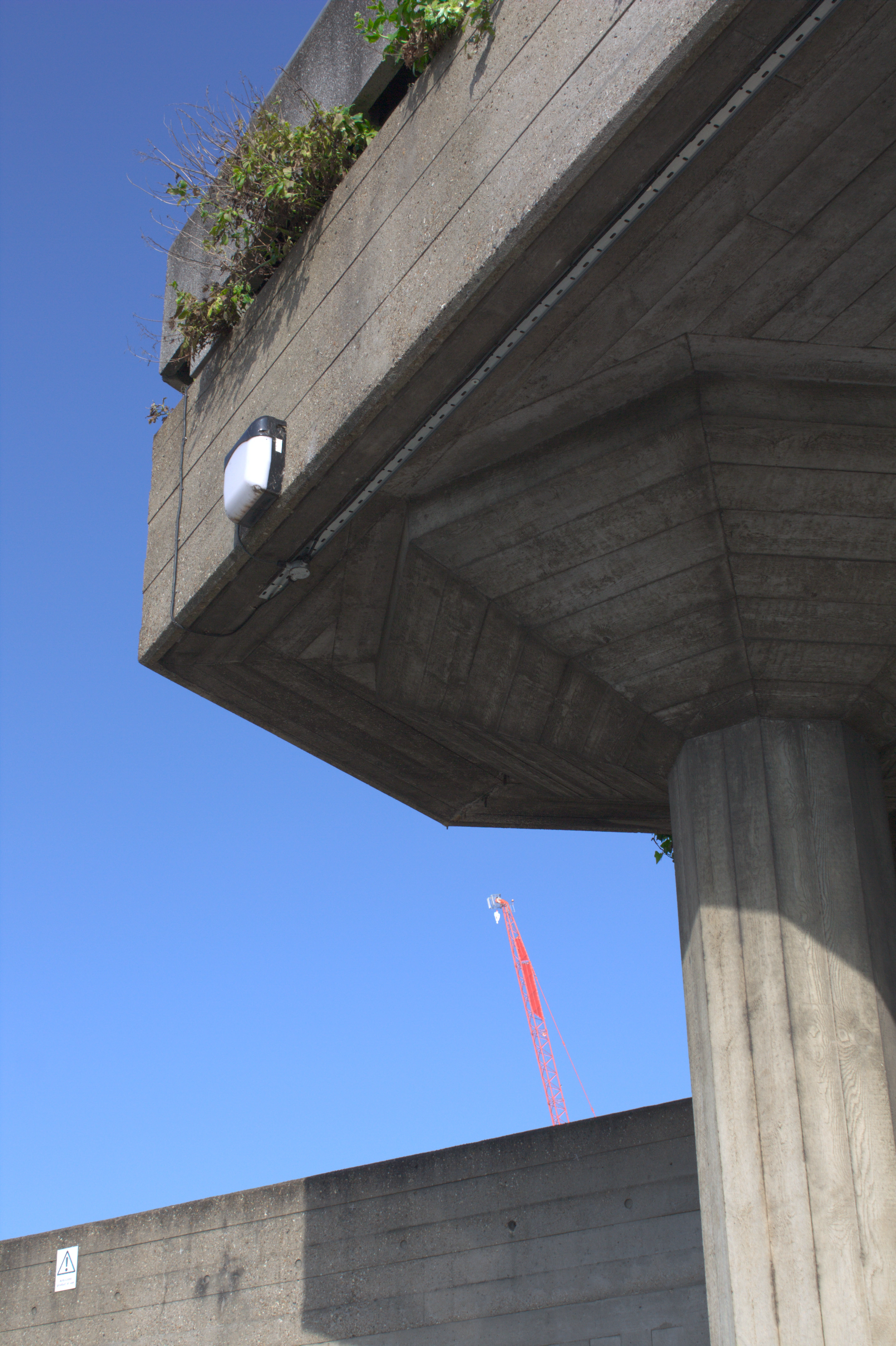 Concrete overhang with greenery growing at the top, and a bright red crane in the distance