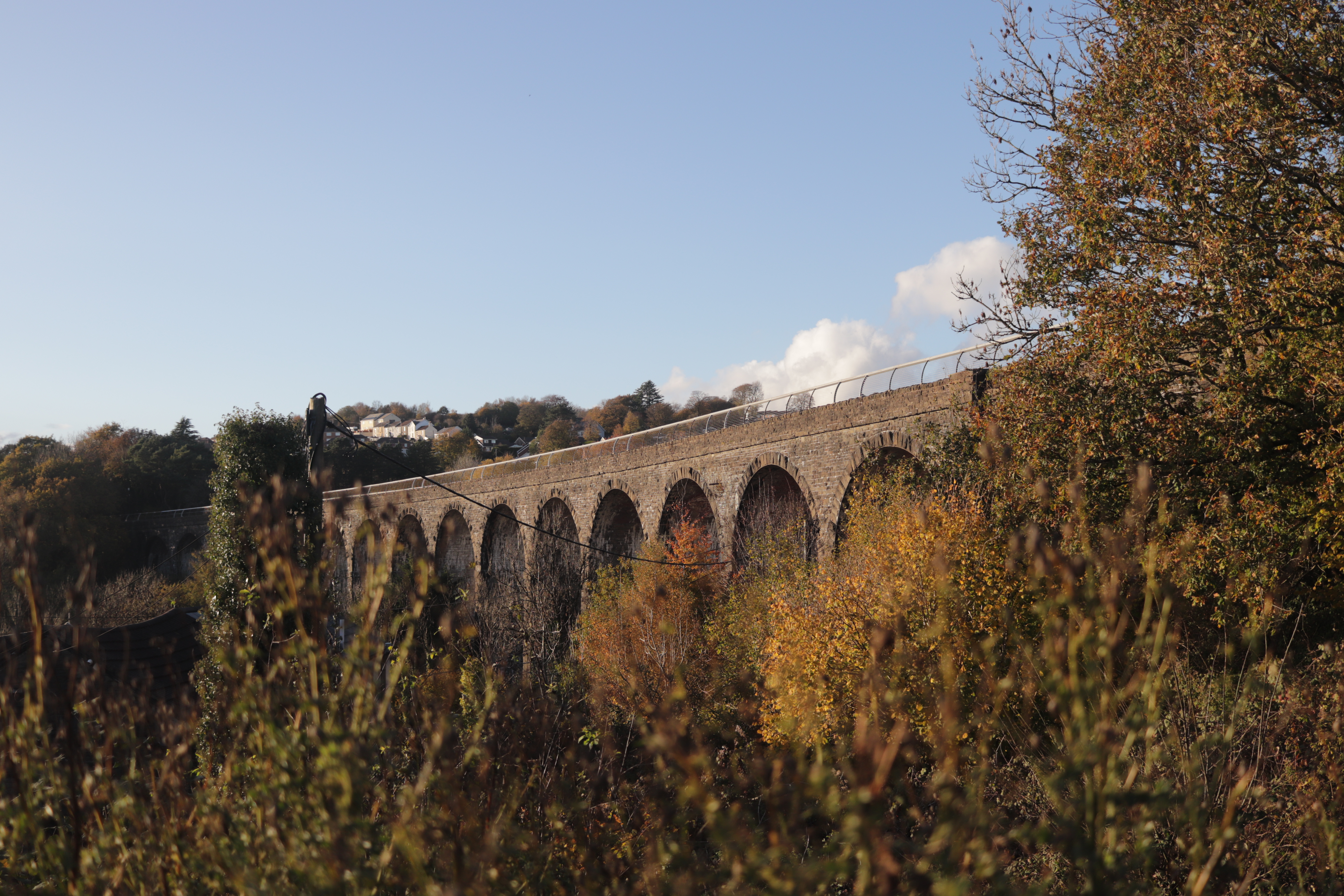 a historical brick viaduct with layers of trees in the foreground, with bricks and golden leaves lit by the setting sun
