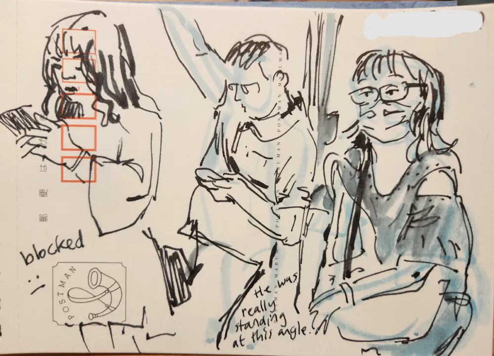 A sketchbook page with ink drawings of 3 people on the subway